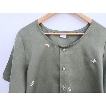 刺繡 | 亞麻 | 圓領衫 綠褐色