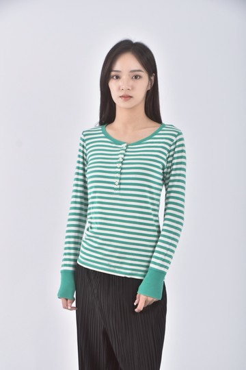 (S) 棉質條紋綠色長袖上衣