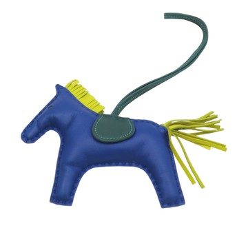 【二手名牌BRAND OFF】HERMES 愛馬仕 藍/綠/黃色 Agneau milo羊皮 Rodeo MM 馬 吊飾 A刻