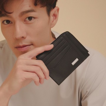 【金安德森】Beau斜切造型拉鍊零錢包-碳石黑