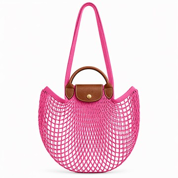 LONGCHAMP LE PLIAGE FILET系列網狀棉質手提/肩背兩用包(大/糖果粉）