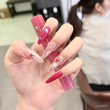 ✨Hannah✨純手工貓眼波點玫紅星星顯白簡約百搭夏日INS美甲穿戴甲學生辣妹純手工穿戴甲 95PZ