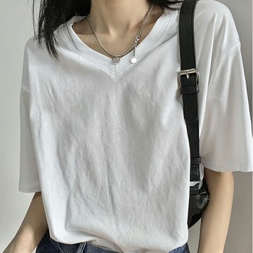 ins超火v領短袖t恤女2021新款純色內搭打底衫半袖寬松純棉上衣服