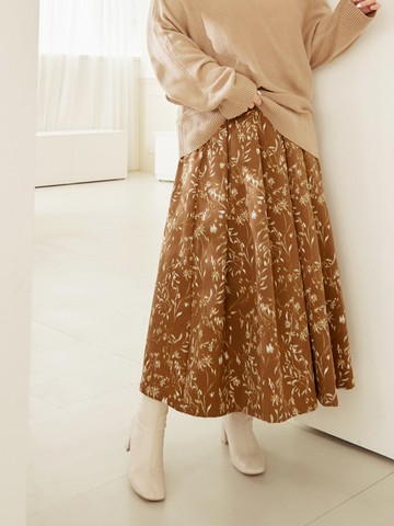 雲朵自訂款-微絨感印花後腰鬆緊百褶中長裙