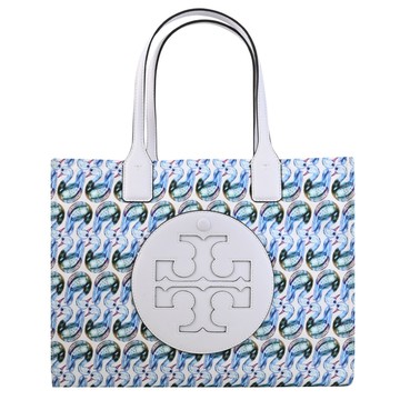 TORY BURCH 170612 天鵝印花尼龍皮飾邊小號托特包.白