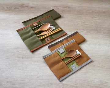 All-in-one 焦糖啡帆布餐具布套 啪鈕款  防水布內裡 不含餐具