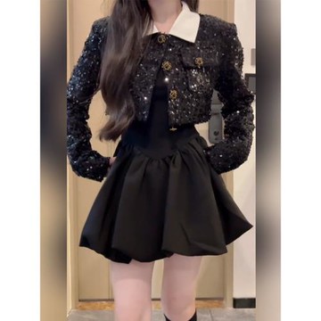 大碼法式小香風富家千金亮片外套秋季高級感收腰蓬蓬連衣裙兩件套