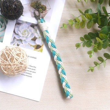 編織手機手腕繩=仿皮繩=經典麻花紋=蘋果綠x米白x藍綠