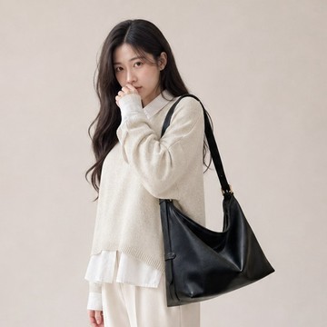 ANNA DOLLY 多層次收納平紋慵懶側背包 背帶可調 黑色