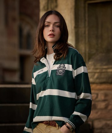 Superdry Women's Crest Stripe Rugby Top Green Size: 2