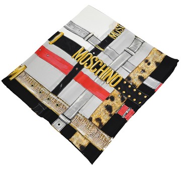 MOSCHINO 03525 M3012 品牌LOGO皮帶圖樣絲質方巾.黑白