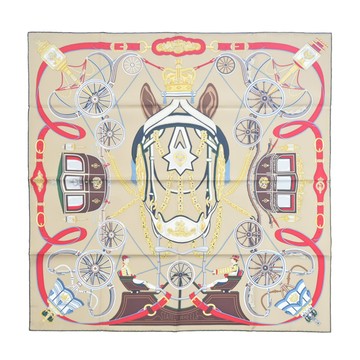 Hermes 愛馬仕 Stately Wheels 90 手工捲邊斜紋真絲方巾(沙/棕/紅)