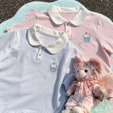 甜美日系條紋小狗刺繡POLO短袖夏季ins可愛小個子短款百搭t恤上衣圓領短袖T恤 小個子短袖 女生t恤 寬鬆顯瘦T恤 少