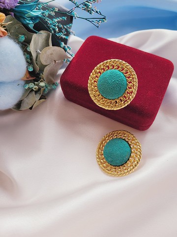 美國西洋古董飾品 / 金繩邊絨質琉璃綠復古夾式耳環 老件首飾