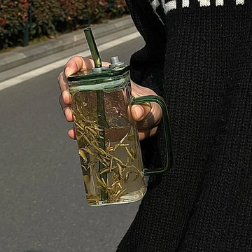 沐韓ins高顏值方形玻璃杯帶把手家用ins高顏值水杯女耐高溫杯有蓋