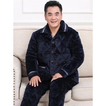 冬季中老年人睡衣男士珊瑚絨夾棉三層加厚加絨保暖爸爸家居服套裝
