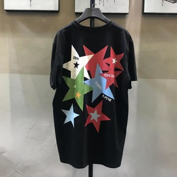 原創七彩五角星t恤潮牌圓領寬松落肩重磅短袖情侶背后印花半截袖