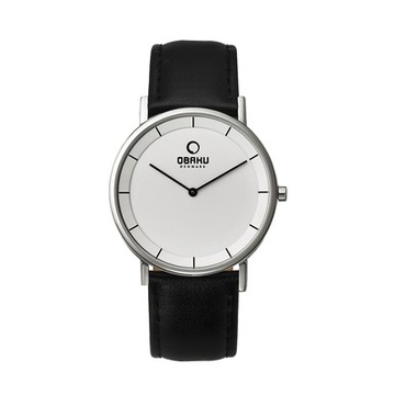 OBAKU 纖薄哲學二針時尚腕錶-黑帶銀框白-皮帶-小-V143LCWRB-32mm
