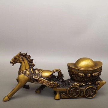 馬到成功工藝品擺件馬拉元寶車家居旺財裝飾品純銅招財元寶馬擺件