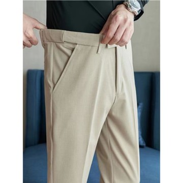 西褲男長褲韓版正裝修身松緊腰休閑西裝褲小直筒卡其色商務九分褲