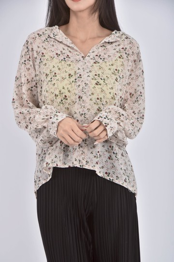 (M) 歌奈莎碎花質感紡紗透膚杏色長袖上衣