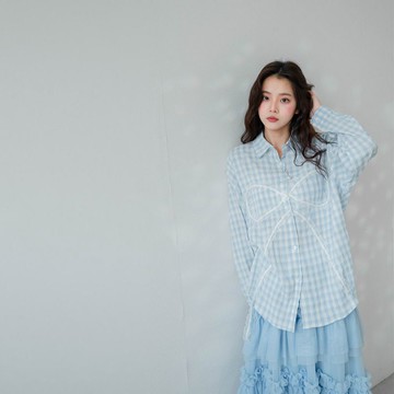 現貨★蕾絲大蝴蝶結造型落肩格紋襯衫(共2色)0311 【NR0161】