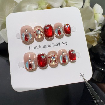 ➕最新設計款穿戴甲💅【告白火】純手繪花鴿血紅寶石玻璃珠貓眼拚鑽紅色浪漫穿戴甲短方圓穿戴甲 KOKT