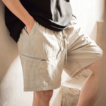 Wuluwear 美式休閒拉鍊設計塔絲隆短褲男寬鬆微褶肌理工裝五分褲