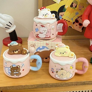 【臺灣-出貨】可愛小熊馬克杯高顏值陶瓷杯創意卡通圖案蓋子男女生早餐杯兒童節LSPQJ