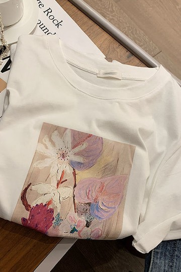 白色油畫印花短袖t卹女夏季新款韓版寬鬆洋氣百搭純棉半袖上衣潮