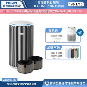 ★買大送小 再送濾網★飛利浦除甲醛抗敏奈米級空氣清淨機(AC3220/80)-適用24坪