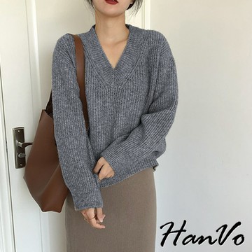 【HanVo】復古V領寬鬆針織上衣 慵懶質感百搭柔軟 韓系女裝 女生衣著 A02-0577