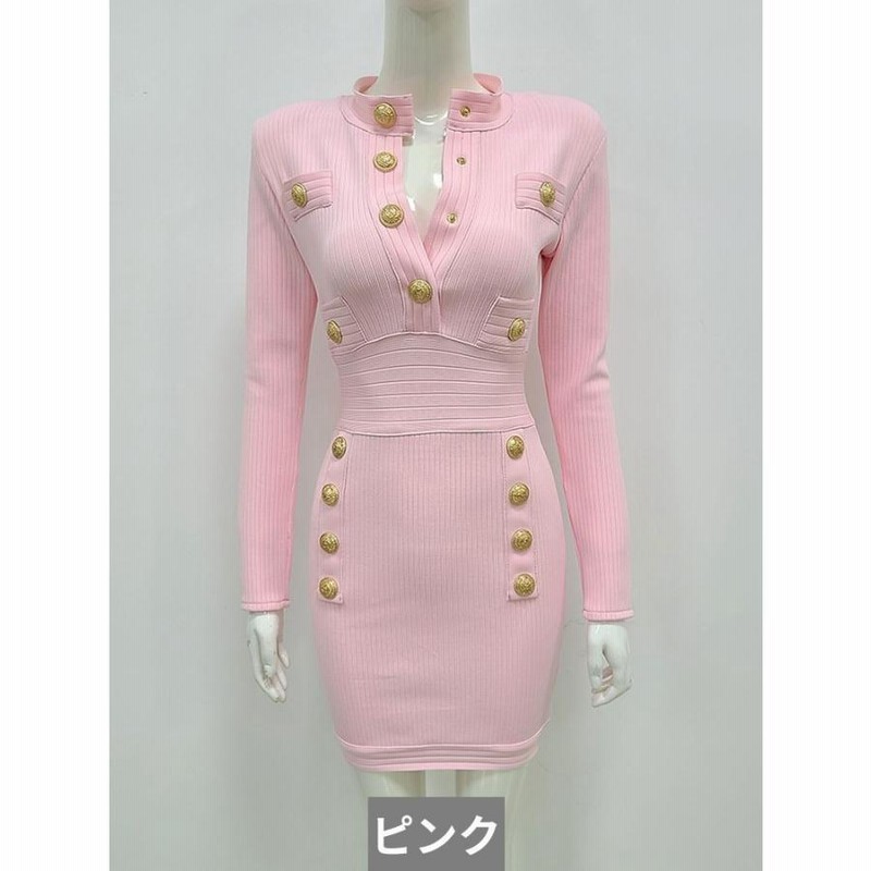 バンテージ ボディコン ドレス ボタン ピンク ロング 長袖 ミニ