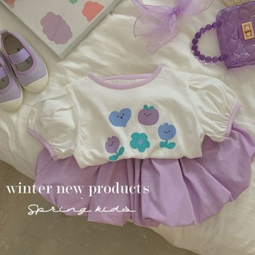 Healthy baby 女童夏季套裝新款韓版洋氣女寶寶紫色短T花苞短褲女孩兩件套 女童套裝 短袖套裝 兩件套