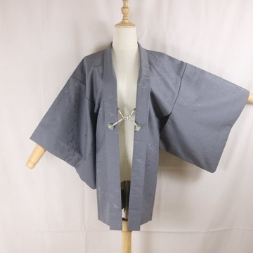 古董日本製 藍灰色羽織 | 精緻織紋 | 雅緻和服罩衫 | 日式長袍