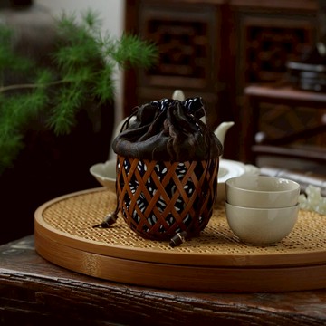 竹編杯簍竹制品 香云紗內襯可束口 茶道配件 杯子收納盒杯籠