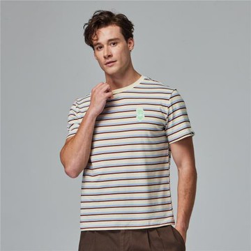 moz瑞典 駝鹿 愛心駝鹿 舒適柔棉 100%純棉條紋短T-米色條紋(亞洲版)男款