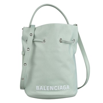 BALENCIAGA 巴黎世家  Wheel經典LOGO尼龍手提斜背兩用水桶包(淡綠x白)