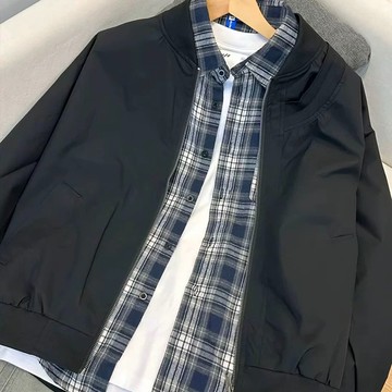 復古格子雙面穿拼接翻領夾克男新款潮流飛行員工裝外套男