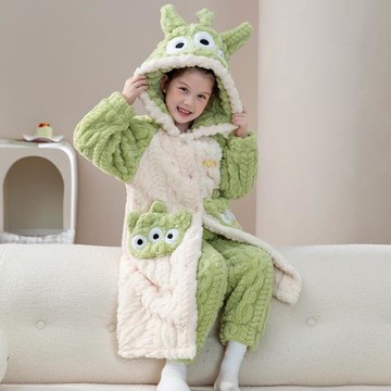 女童睡袍2023秋冬季新款兒童珊瑚絨保暖加厚睡衣中大童法蘭絨套裝