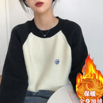 加絨加厚新款圓領寬松套頭毛衣女秋冬季上衣小眾設計感拼色針織衫