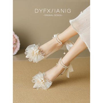 瑪麗珍粗跟婚鞋新娘鞋女2024新款孕婦主婚紗不累腳高跟公主伴娘鞋