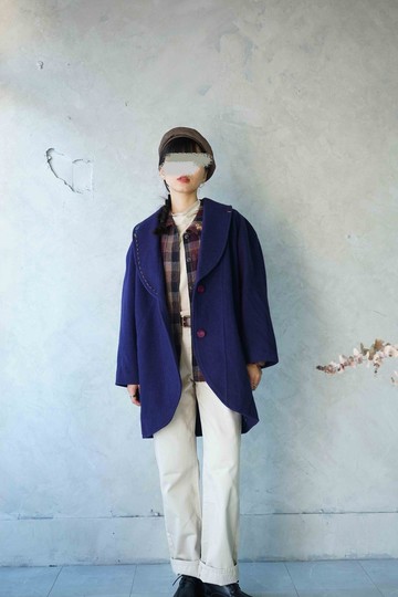 尋寶古著-藍紫色手工縫線細節翻領毛呢復古大衣外套