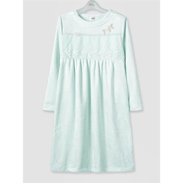 伊絲芬冬季法蘭絨長袖時尚簡約睡裙女甜美中裙套頭刺繡花邊家居服