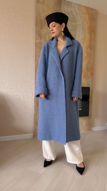 女士長款大衣 雙排釦綁帶大衣 Blue 羊毛大衣