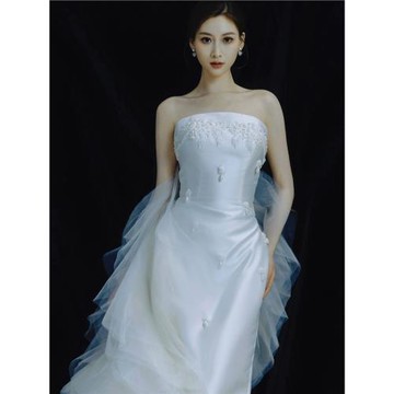 緞面魚尾婚紗夢幻輕裙珍珠抹胸