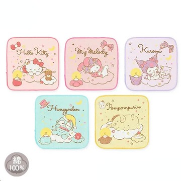 日本西松屋 - 純棉上學擦手巾/手帕(5入組)-卡通人物三麗鷗-晚安款 (16×16cm)