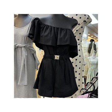 十三行新款小香風黑色荷葉邊收腰直筒褲子連體褲女夏季闊腿褲短褲