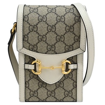 GUCCI Horsebit 1955經典印花斜背手機包.駝/白