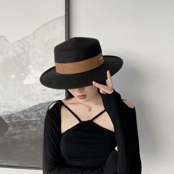 法式英倫復古棕色織帶平頂草帽子女夏天旅行度假遮陽防曬大沿禮帽